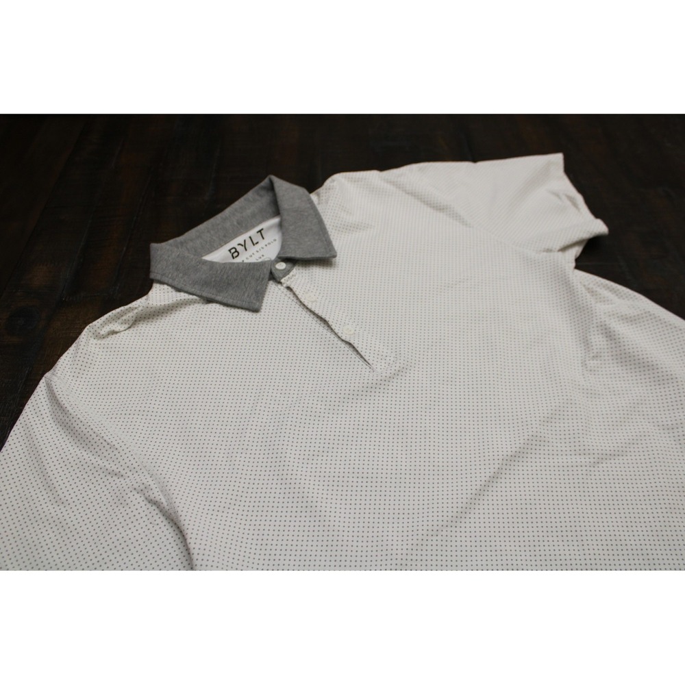 BYLT Polo Shirt Mens Large White Polka Dot Lux Drop Cut Short Sleeve Stretch